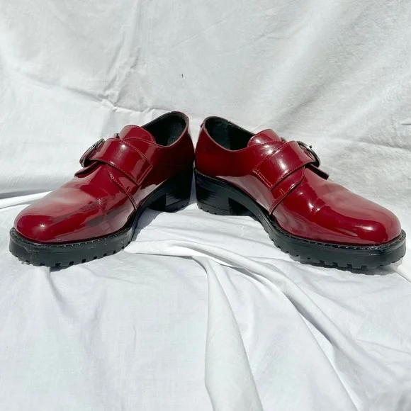 Burgundy Patent Faux Leather Chunky Rubber Sole Loafer w Metal Hardware - Picture 2 of 6